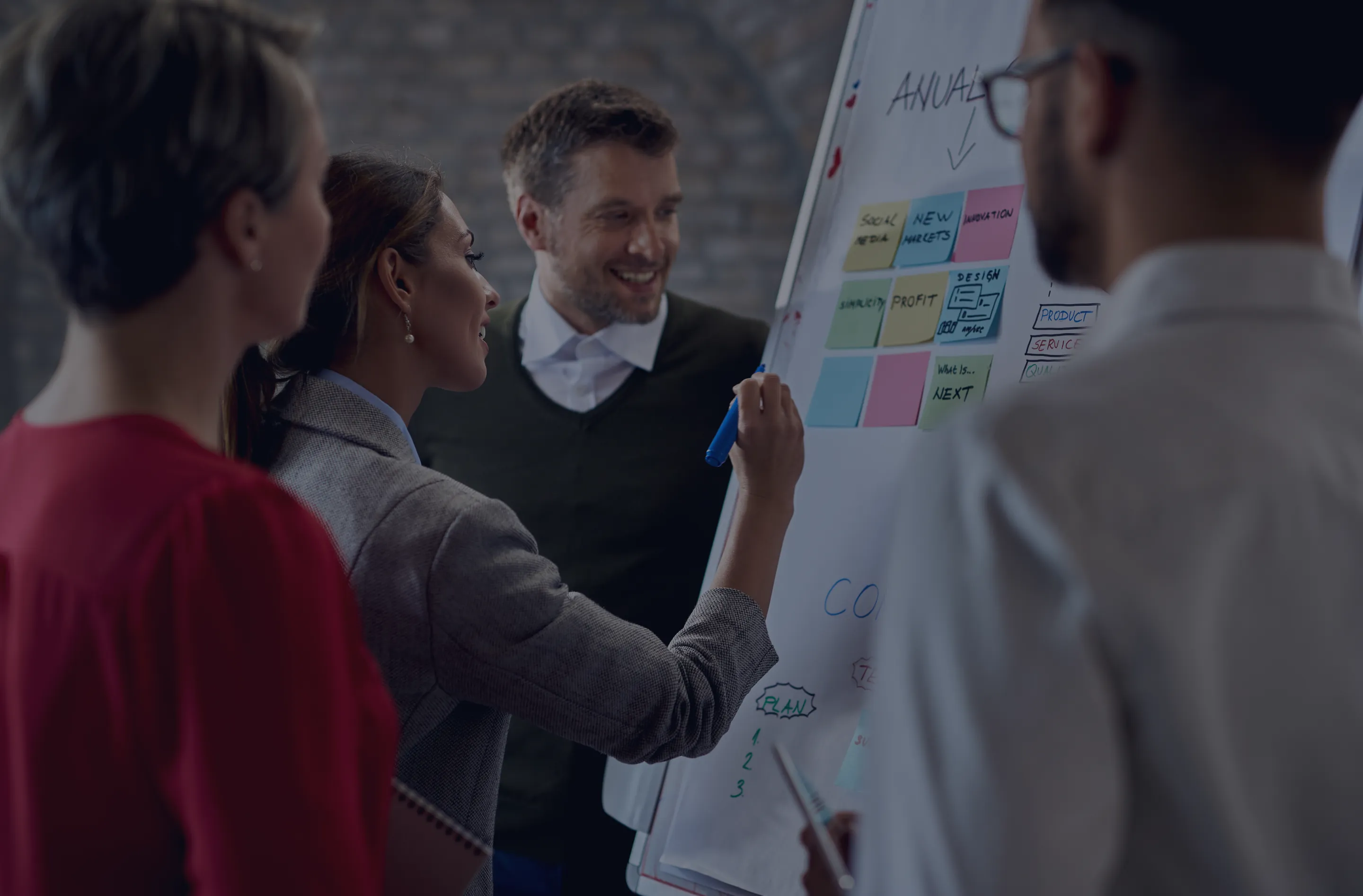 Team mapping an event workflow on a flipchart