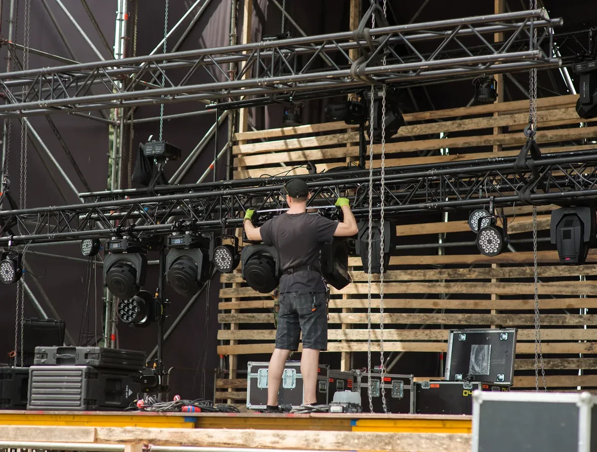 Event crew preparing a venue before doors open