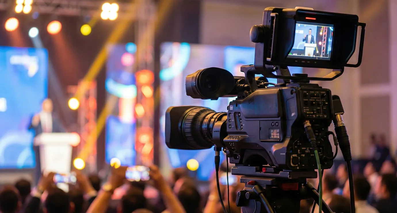 Broadcast camera filming a live audience for remote viewers