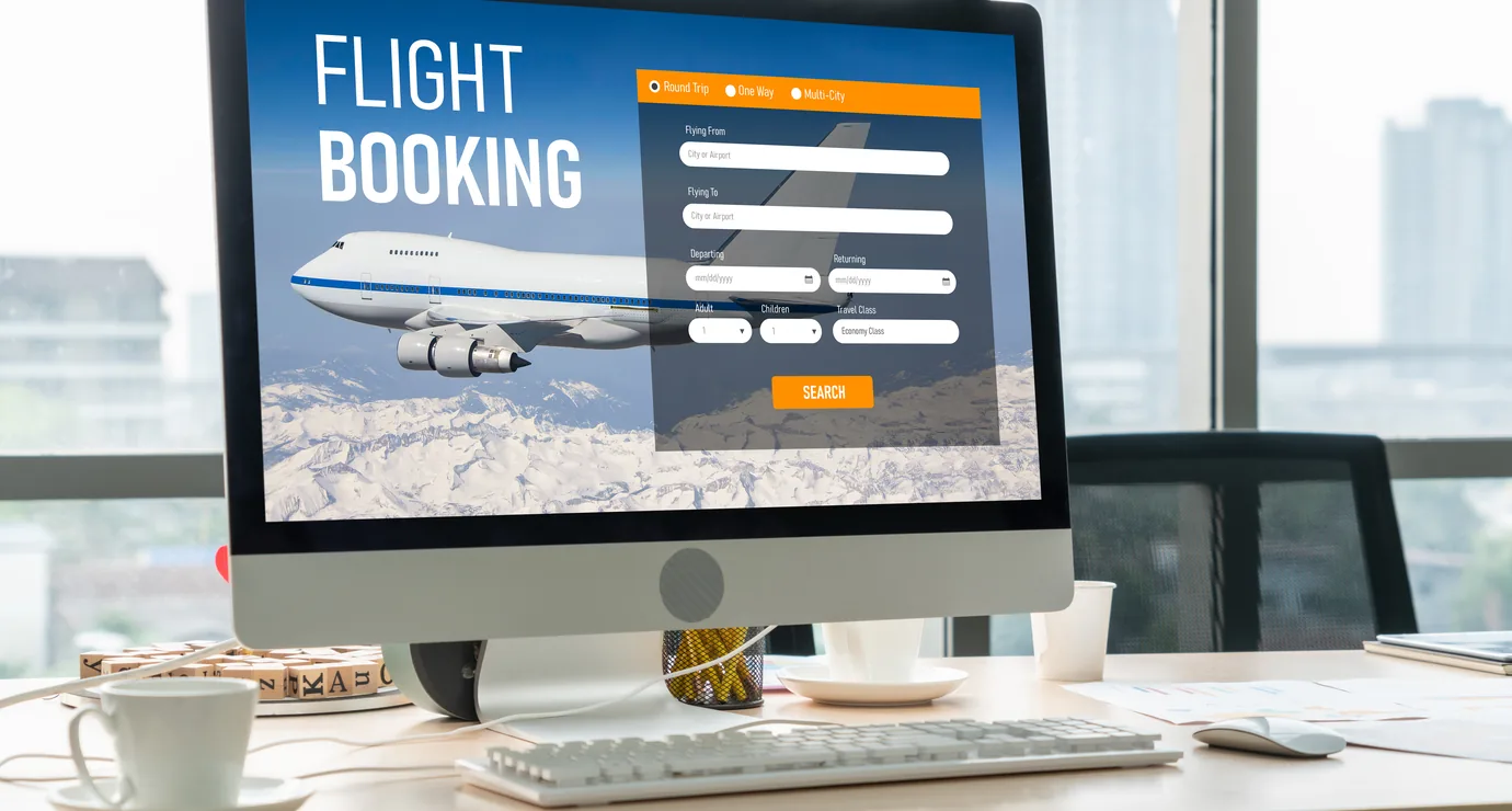 Flight booking search screen consolidating results across supplier sources