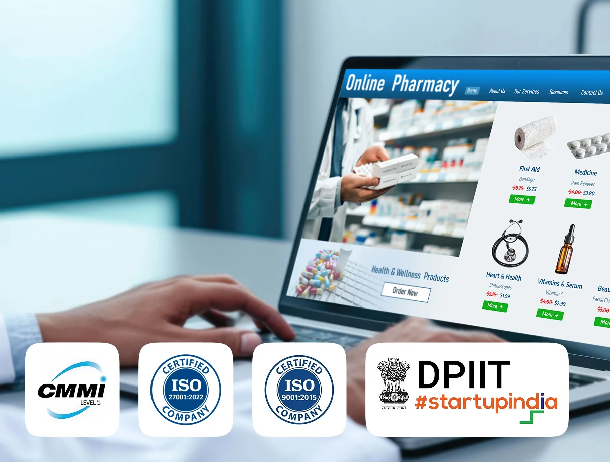 Online pharmacy platform showing medicine catalogue, prescription upload and order tracking