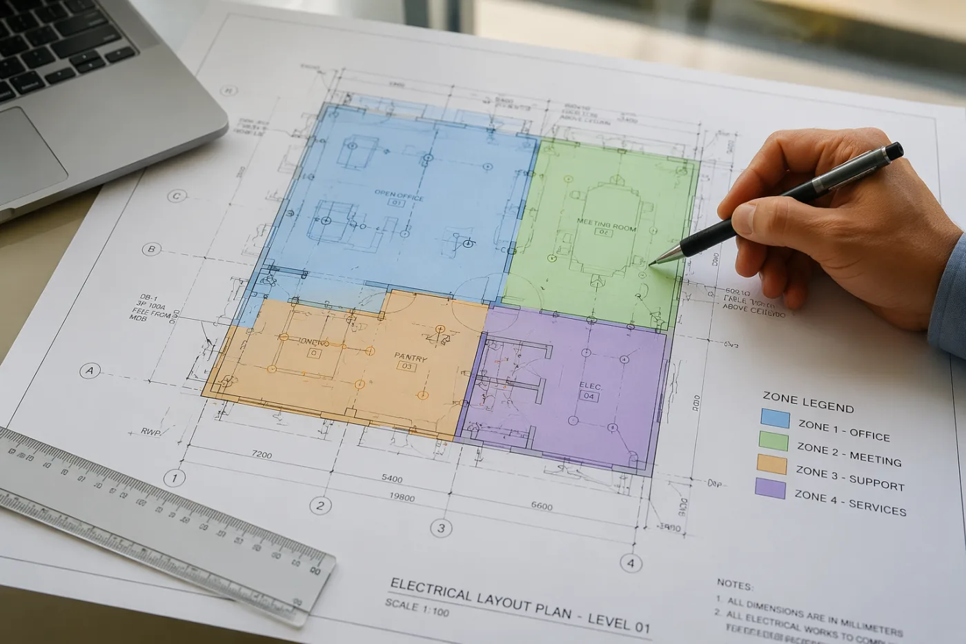 Building floor plan divided into colour-coded protection zones