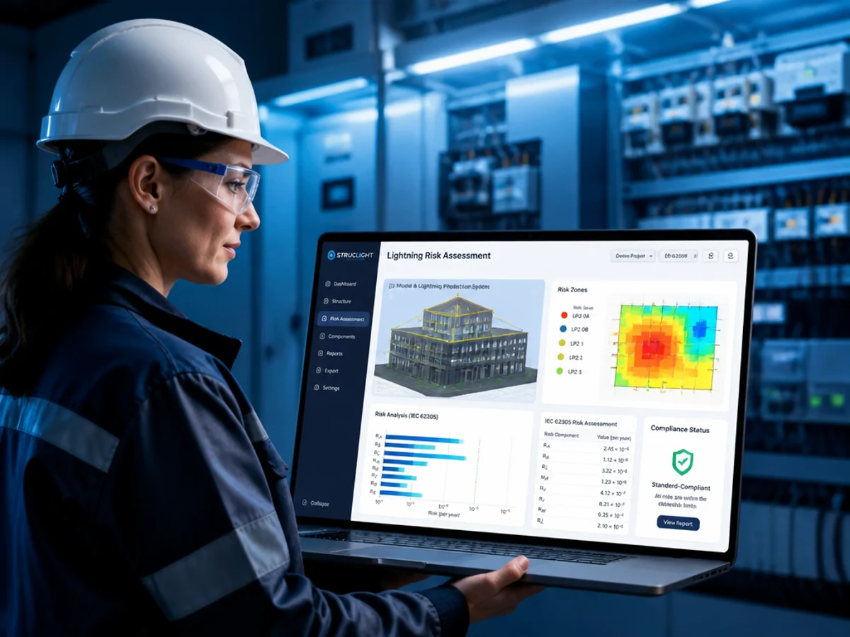 Lightning risk engineers reviewing standard-compliant assessment data instead of fragile spreadsheets