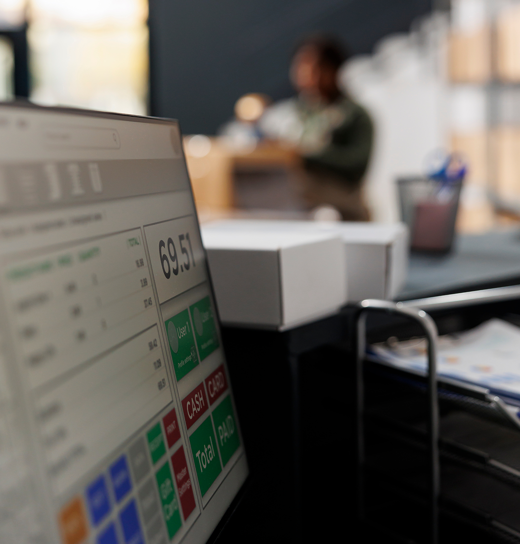 Digital retail transformation showing modern point-of-sale systems, mobile commerce, and customer analytics dashboard