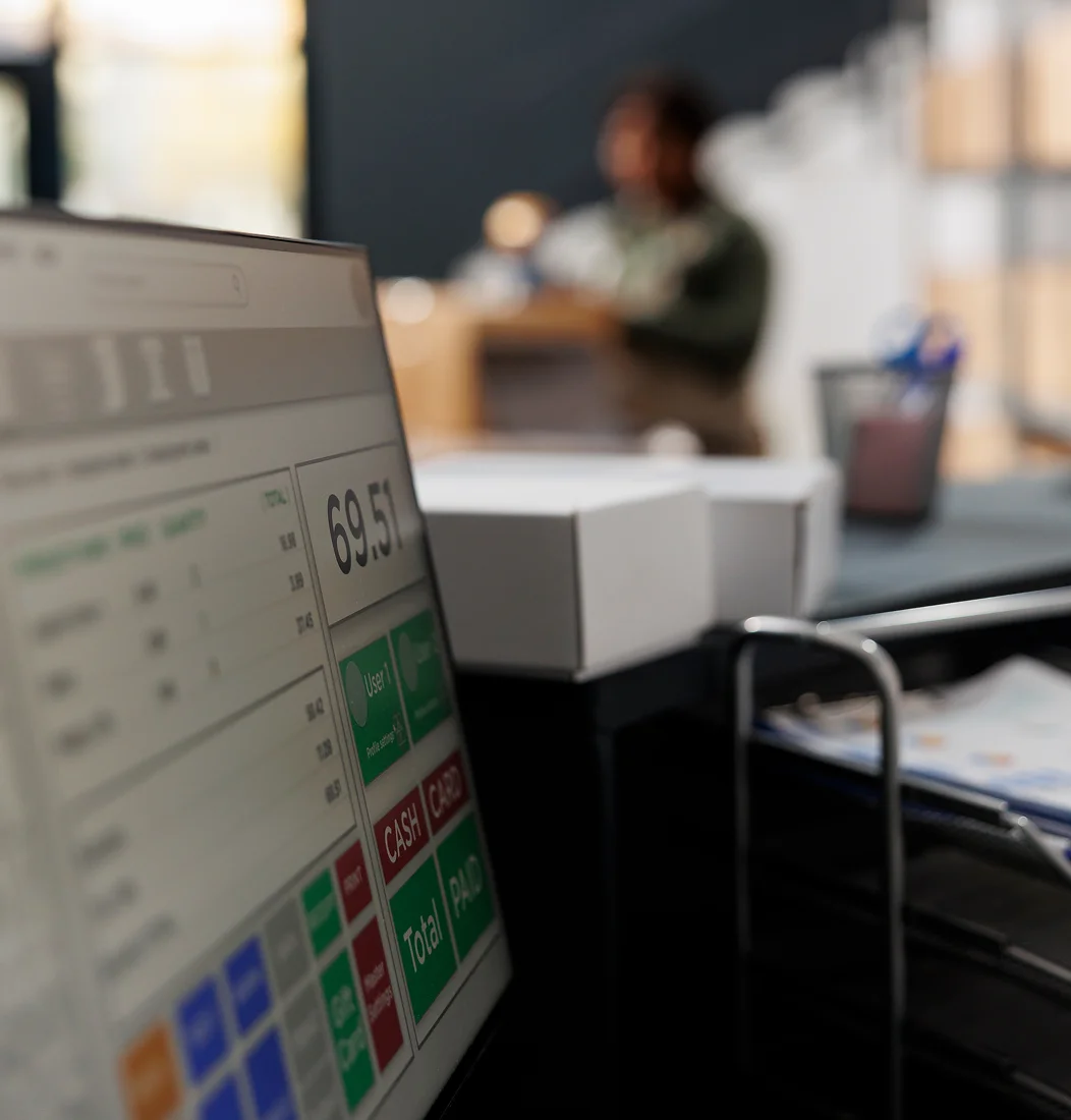 Digital retail transformation showing modern point-of-sale systems, mobile commerce, and customer analytics dashboard